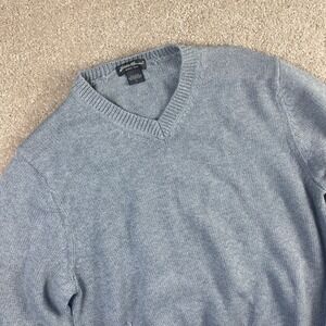 Eddie‎ Bauer Mens V-Neck Sweater Gray Cotton Knit Pullover Classic Casual